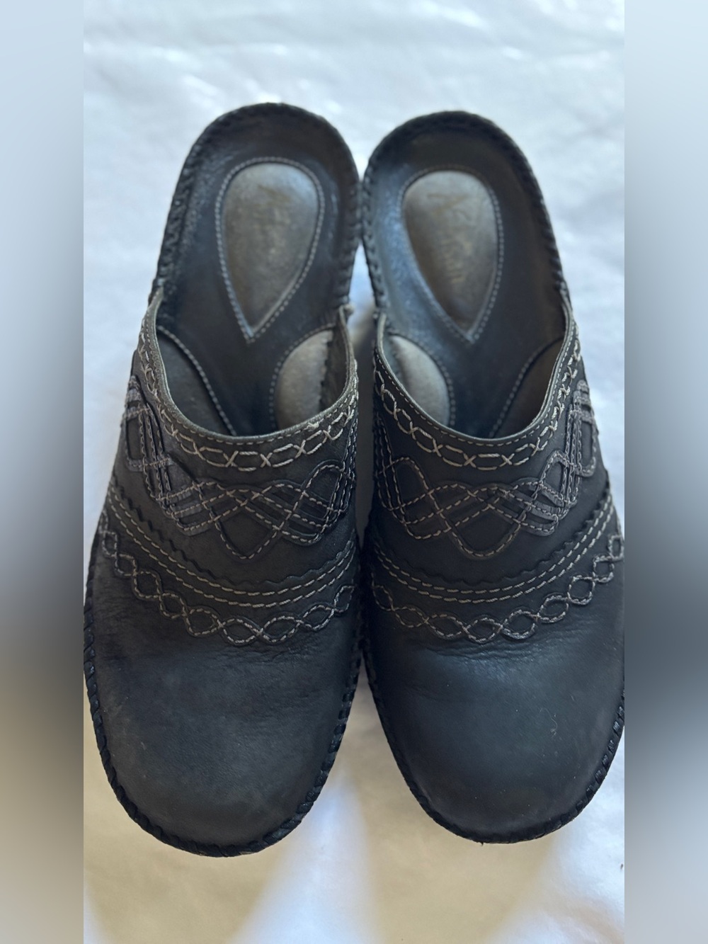 Artisan Women’s 9M Black Leather Wedge Mule Clogs Slip On Comfort Shoes